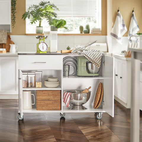 Rootz Kitchen Cabinet Trolley - Kitchen Island - Serving Cart - Stainless Steel Top - Adjustable Shelves - Easy Mobility with Lockable Wheels - Durable MDF Construction - 120cm x 90cm x 56cm