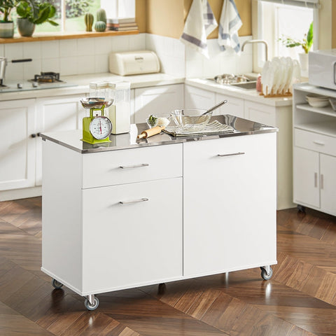 Rootz Kitchen Cabinet Trolley - Kitchen Island - Serving Cart - Stainless Steel Top - Adjustable Shelves - Easy Mobility with Lockable Wheels - Durable MDF Construction - 120cm x 90cm x 56cm