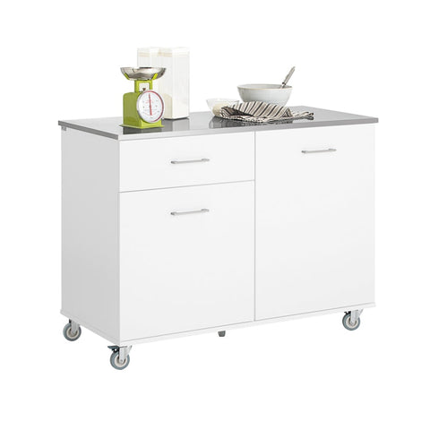 Rootz Kitchen Cabinet Trolley - Kitchen Island - Serving Cart - Stainless Steel Top - Adjustable Shelves - Easy Mobility with Lockable Wheels - Durable MDF Construction - 120cm x 90cm x 56cm