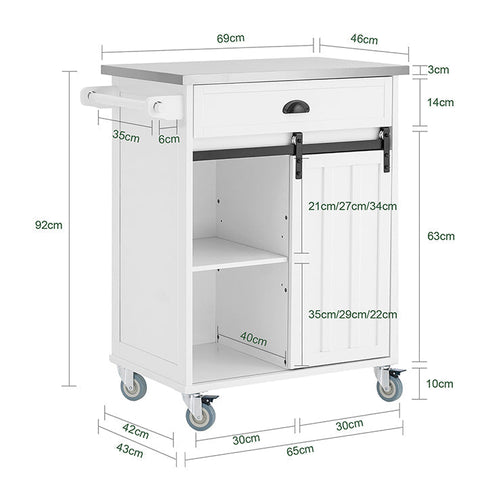 Rootz Rolling Kitchen Cart - Serving Cart - Storage Cart - Adjustable Shelves - Stainless Steel Tabletop - 69cm x 92cm x 46cm