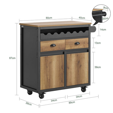 Rootz Kitchen Trolley Cart - Storage Cart - Kitchen Island - MDF and Metal - Towel and Bottle Rack - 89cm x 87cm x 40cm