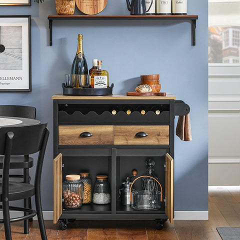 Rootz Kitchen Trolley Cart - Storage Cart - Kitchen Island - MDF and Metal - Towel and Bottle Rack - 89cm x 87cm x 40cm