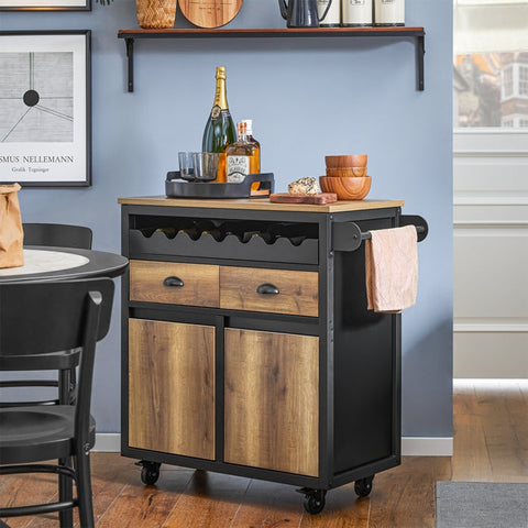 Rootz Kitchen Trolley Cart - Storage Cart - Kitchen Island - MDF and Metal - Towel and Bottle Rack - 89cm x 87cm x 40cm