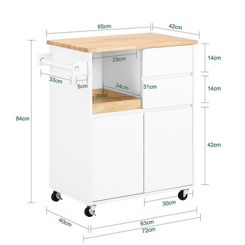 Rootz Kitchen Cart - Trolley - Serving Cart - Smooth Rubber Wood Top - 72cm x 84cm x 40cm