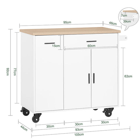 Rootz Kitchen Cart - Rolling Kitchen Island - Mobile Storage Trolley - Adjustable Shelf - 105x92x46cm