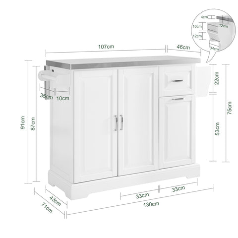 Rootz Kitchen Cart - Mobile Kitchen Island - Rolling Storage Unit - Durable & Expandable - 130cm x 91cm x 46-71cm