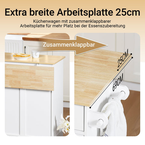 Rootz Kitchen Trolley - Storage Cart - Rolling Island - Spacious Storage & Extendable Worktop - 113x91x(44-69)cm