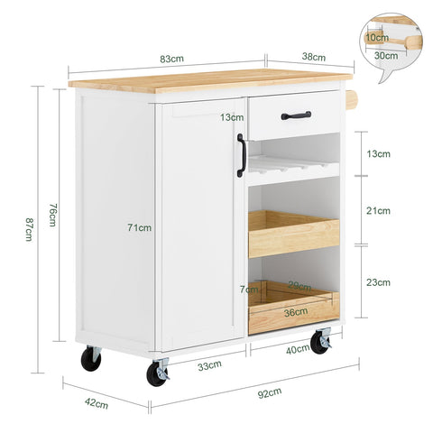 Rootz Kitchen Serving Trolley - Mobile Kitchen Cart - Multi-functional Storage - Versatile Organizer - 92cm x 87cm x 42cm