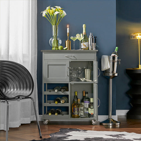 Rootz Keukentrolley Serveerwagen - Keukenkast - Mobiel Opbergmeubel - MDF en RVS - Met Flessenplanken, Lade en Afsluitbare Wielen - 67cm x 87cm x 38cm - Lichtgrijs