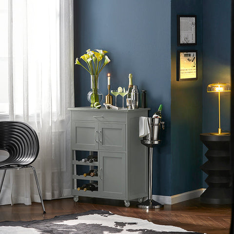 Rootz Keukentrolley Serveerwagen - Keukenkast - Mobiel Opbergmeubel - MDF en RVS - Met Flessenplanken, Lade en Afsluitbare Wielen - 67cm x 87cm x 38cm - Lichtgrijs