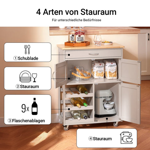 Rootz Rolling Kitchen Cart - Mobile Serving Cart - Wheeled Trolley - Convenient Storage - 67x87x38cm