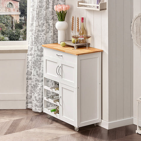 Rootz Kitchen Serving Trolley - Kitchen Cabinet - Mobile Bar Cart - White Finish - Ample Storage with Bottle Shelves, Drawer & Doors - Easy Mobility with Lockable Wheels - 67cm x 86cm x 38cm