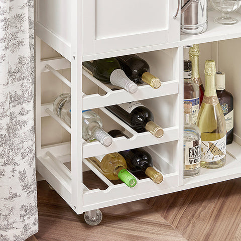 Rootz Kitchen Serving Trolley - Kitchen Cabinet - Mobile Bar Cart - White Finish - Ample Storage with Bottle Shelves, Drawer & Doors - Easy Mobility with Lockable Wheels - 67cm x 86cm x 38cm