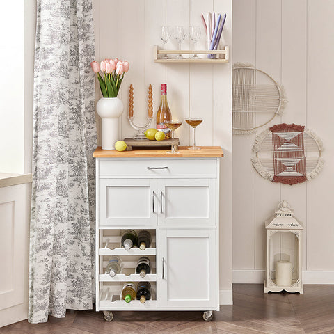 Rootz Kitchen Serving Trolley - Kitchen Cabinet - Mobile Bar Cart - White Finish - Ample Storage with Bottle Shelves, Drawer & Doors - Easy Mobility with Lockable Wheels - 67cm x 86cm x 38cm