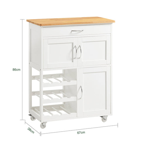 Rootz Kitchen Serving Trolley - Kitchen Cabinet - Mobile Bar Cart - White Finish - Ample Storage with Bottle Shelves, Drawer & Doors - Easy Mobility with Lockable Wheels - 67cm x 86cm x 38cm