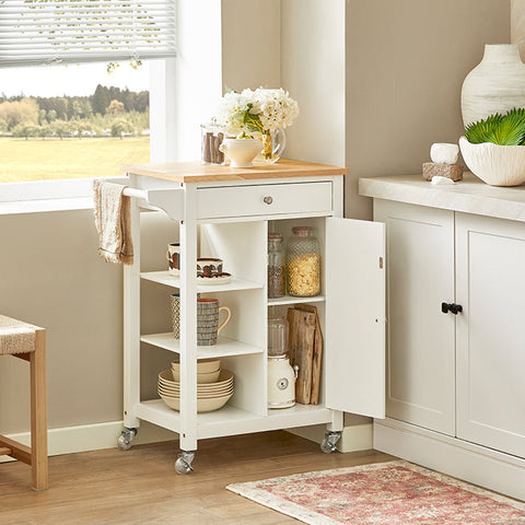 Rootz Kitchen Trolley Cart - Serving Trolley - Mobile Kitchen Island - Chipboard & MDF Construction - Versatile Storage with Drawer, Shelves & Towel Holder - Easy Mobility with Lockable Wheels - W57 x D40 x H86 cm