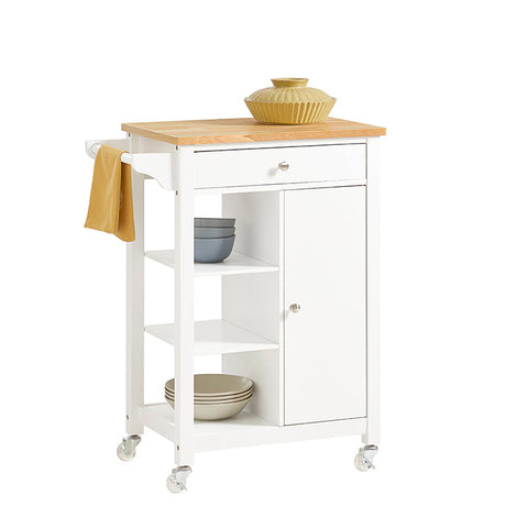 Rootz Kitchen Trolley Cart - Serving Trolley - Mobile Kitchen Island - Chipboard & MDF Construction - Versatile Storage with Drawer, Shelves & Towel Holder - Easy Mobility with Lockable Wheels - W57 x D40 x H86 cm