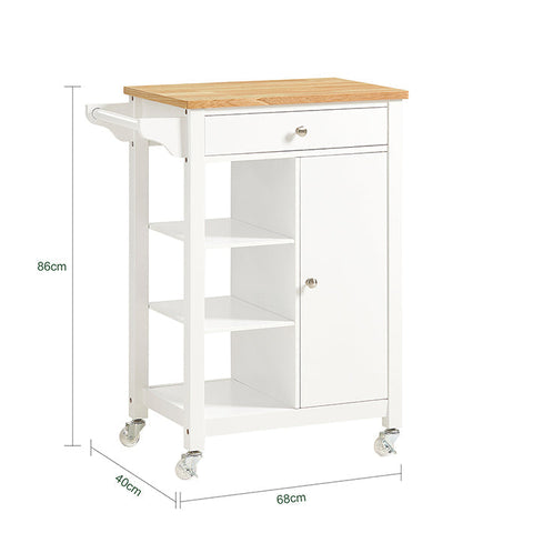 Rootz Kitchen Trolley Cart - Serving Trolley - Mobile Kitchen Island - Chipboard & MDF Construction - Versatile Storage with Drawer, Shelves & Towel Holder - Easy Mobility with Lockable Wheels - W57 x D40 x H86 cm