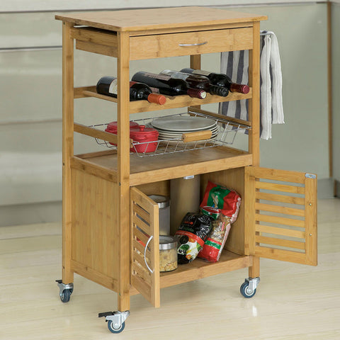Rootz Bamboo Kitchen Trolley with Wheels - Tea Cart - Serving Trolley - Bottle Rack, Towel Holder, Removable Basket - 60cm x 92cm x 36cm