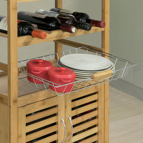 Rootz Bamboo Kitchen Trolley with Wheels - Tea Cart - Serving Trolley - Bottle Rack, Towel Holder, Removable Basket - 60cm x 92cm x 36cm