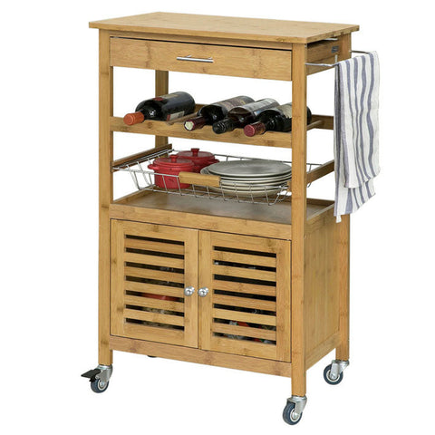 Rootz Bamboo Kitchen Trolley with Wheels - Tea Cart - Serving Trolley - Bottle Rack, Towel Holder, Removable Basket - 60cm x 92cm x 36cm