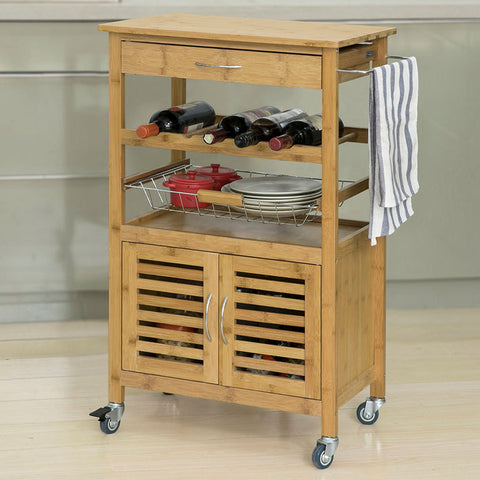 Rootz Bamboo Kitchen Trolley with Wheels - Tea Cart - Serving Trolley - Bottle Rack, Towel Holder, Removable Basket - 60cm x 92cm x 36cm