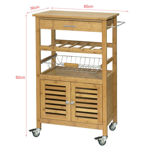 Rootz Bamboo Kitchen Trolley with Wheels - Tea Cart - Serving Trolley - Bottle Rack, Towel Holder, Removable Basket - 60cm x 92cm x 36cm