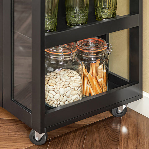 Rootz Kitchen Trolley - Side Trolley - Serving Cart - Adjustable Shelves - Mobile Storage - Lockable Wheels - Black MDF and Glass - 60cm x 90cm x 40cm
