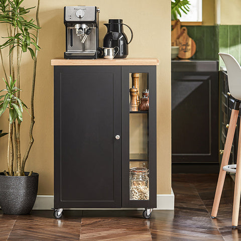 Rootz Kitchen Trolley - Side Trolley - Serving Cart - Adjustable Shelves - Mobile Storage - Lockable Wheels - Black MDF and Glass - 60cm x 90cm x 40cm