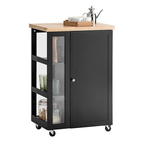 Rootz Kitchen Trolley - Side Trolley - Serving Cart - Adjustable Shelves - Mobile Storage - Lockable Wheels - Black MDF and Glass - 60cm x 90cm x 40cm