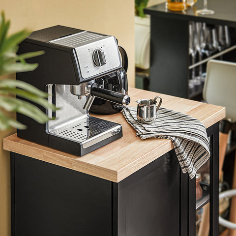 Rootz Kitchen Trolley - Side Trolley - Serving Cart - Adjustable Shelves - Mobile Storage - Lockable Wheels - Black MDF and Glass - 60cm x 90cm x 40cm