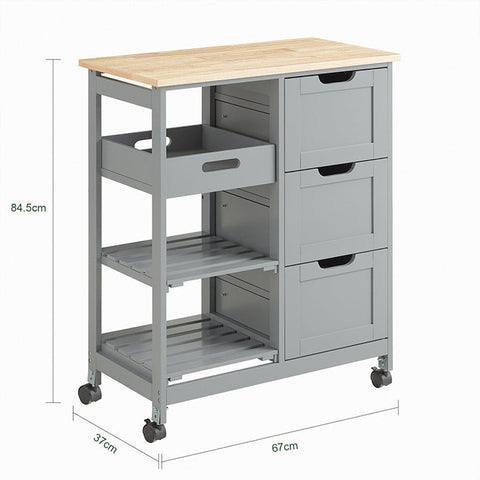 Rootz Kitchen Trolley - Serving Cart - Mobile Storage Unit - Easy Maneuverability - Ample Storage with 3 Drawers and Shelves - Durable MDF and Pine Construction - 67cm x 84.5cm x 37cm - Light Gray