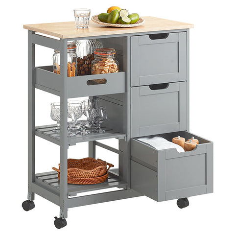 Rootz Kitchen Trolley - Serving Cart - Mobile Storage Unit - Easy Maneuverability - Ample Storage with 3 Drawers and Shelves - Durable MDF and Pine Construction - 67cm x 84.5cm x 37cm - Light Gray