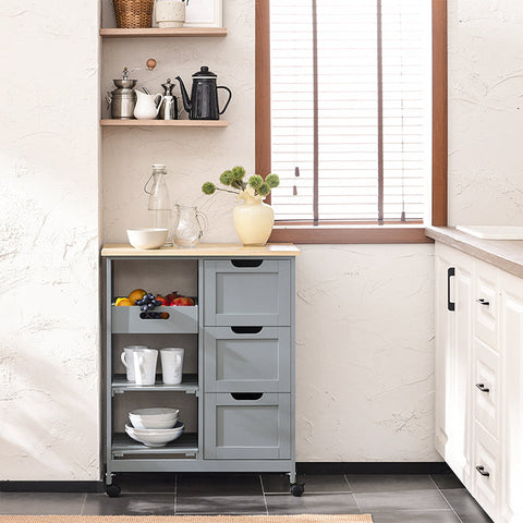 Rootz Kitchen Trolley - Serving Cart - Mobile Storage Unit - Easy Maneuverability - Ample Storage with 3 Drawers and Shelves - Durable MDF and Pine Construction - 67cm x 84.5cm x 37cm - Light Gray