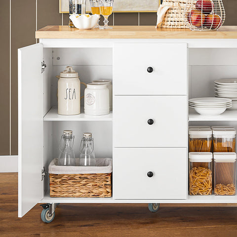 Rootz Kitchen Island Trolley - Kitchen Cabinet with Worktop - Kitchen Cart - White - Versatile Storage - Easy Assembly - Towel Holder - 116cm x 92cm x 45cm