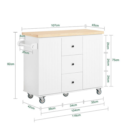 Rootz Kitchen Island Trolley - Kitchen Cabinet with Worktop - Kitchen Cart - White - Versatile Storage - Easy Assembly - Towel Holder - 116cm x 92cm x 45cm