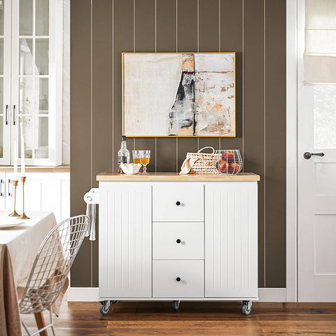 Rootz Kitchen Island Trolley - Kitchen Cabinet with Worktop - Kitchen Cart - White - Versatile Storage - Easy Assembly - Towel Holder - 116cm x 92cm x 45cm