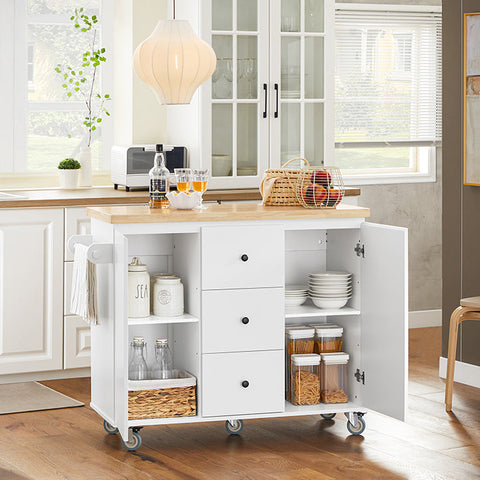 Rootz Kitchen Island Trolley - Kitchen Cabinet with Worktop - Kitchen Cart - White - Versatile Storage - Easy Assembly - Towel Holder - 116cm x 92cm x 45cm