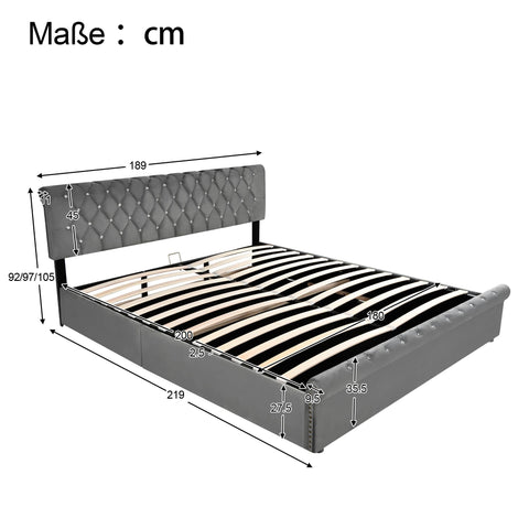 Rootz Upholstered Bed - Sleep Platform - Bedroom Furniture - Adjustable Headboard - Velvet Finish - 219cm x 189cm x 92/97/105cm