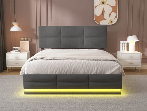 Rootz Modern Double Bed - Space Gray Velvet - LED Light Bed - USB Charging Bed - Ample Storage - 208.5cm x 144cm x 105-115cm
