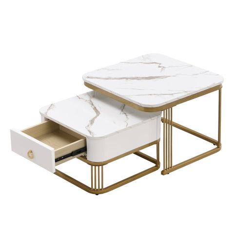 Rootz 2 Piece Coffee Table Set - Nesting Tables - High-Gloss Marble - Extra Storage - 60x60x45cm & 50x50x34cm