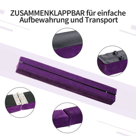 Rootz Foldable Gymnastics Bar - Balance Beam - Suede Cover - Non-Slip Feet - Stainless Steel Hinges - 210cm x 10cm x 6.5cm