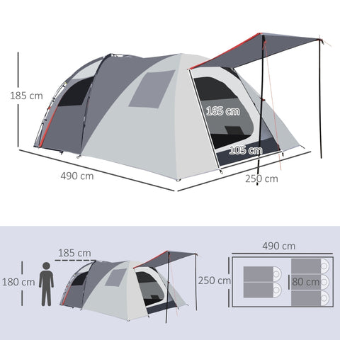 Rootz Camping Tent for 4-5 People - Family Tent - Outdoor Shelter - Two Interiors - Water-Repellent - Enhanced Ventilation - 490cm x 250cm x 185cm