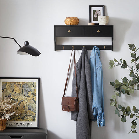 Rootz Wall Coat Rack with Drawers - Hanging Shelf - Entryway Organizer - Space-Saving Design - Eco-Friendly Material - 60cm x 27cm x 15cm