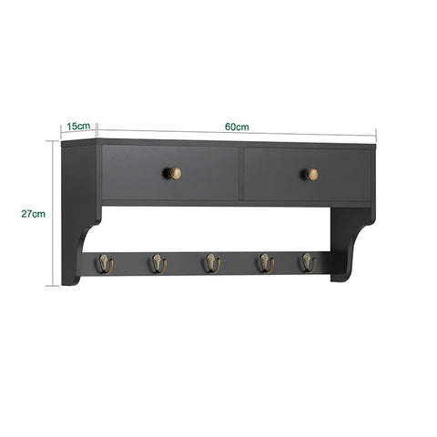 Rootz Wall Coat Rack with Drawers - Hanging Shelf - Entryway Organizer - Space-Saving Design - Eco-Friendly Material - 60cm x 27cm x 15cm