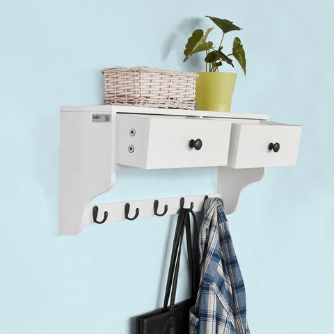 Rootz Wall Coat Rack with Drawers - Hanging Shelf - Storage Organizer - MDF Construction - Ideal for Hallway, Bathroom, Kitchen - 60cm x 14cm x 27cm