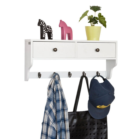 Rootz Wall Coat Rack with Drawers - Hanging Shelf - Storage Organizer - MDF Construction - Ideal for Hallway, Bathroom, Kitchen - 60cm x 14cm x 27cm