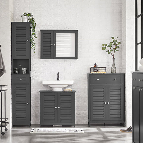 Rootz Modern Sink Base Cabinet - Bathroom Storage Cabinet - Dark Gray MDF Cabinet - Mold Prevention with Slatted Door - Spacious Storage with 2 Shelves - Dimensions 60cm x 58cm x 35cm