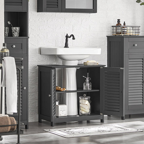 Rootz Modern Sink Base Cabinet - Bathroom Storage Cabinet - Dark Gray MDF Cabinet - Mold Prevention with Slatted Door - Spacious Storage with 2 Shelves - Dimensions 60cm x 58cm x 35cm