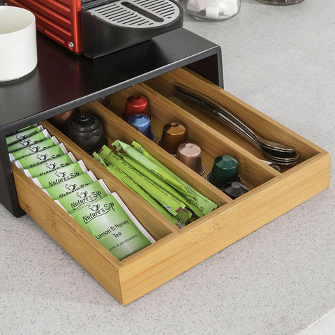 Rootz Coffee Capsule Holder - Tea Bag Organizer - Drawer Dispenser - Space-Saving Design - Non-Slip Rubber Feet - Bamboo and MDF - 30cm x 10cm x 31cm